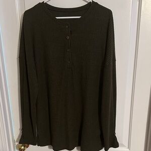 Dark Olive Henley  Button-Up Long Sleeve Top